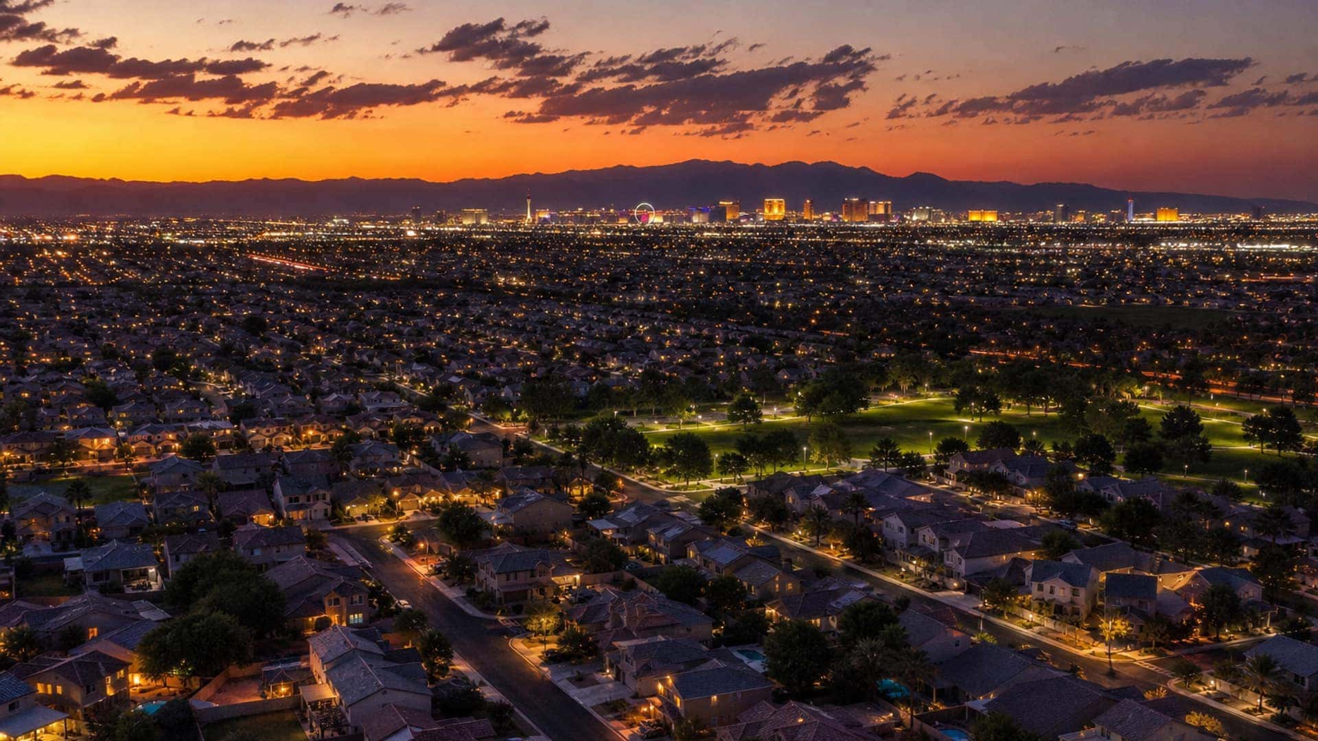 Aerial dusk view of Las Vegas Valley residential neighborhoods