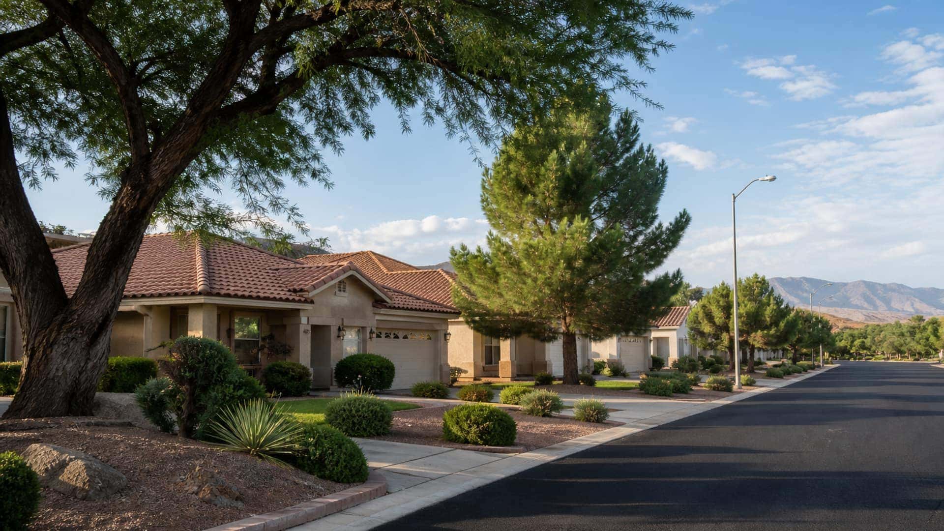 Green Valley Henderson neighborhood with mature trees and tile-roof homes